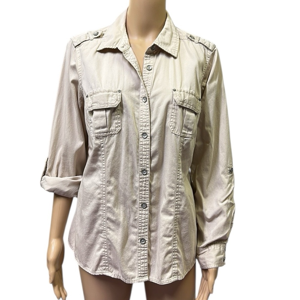 Cotton Sonoma Khaki Metal Button Up Snap Pocket Button Tab Long Sleeve Shirt L